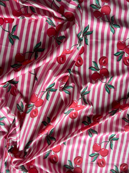 cotton fabric | cherries pink & white stripe