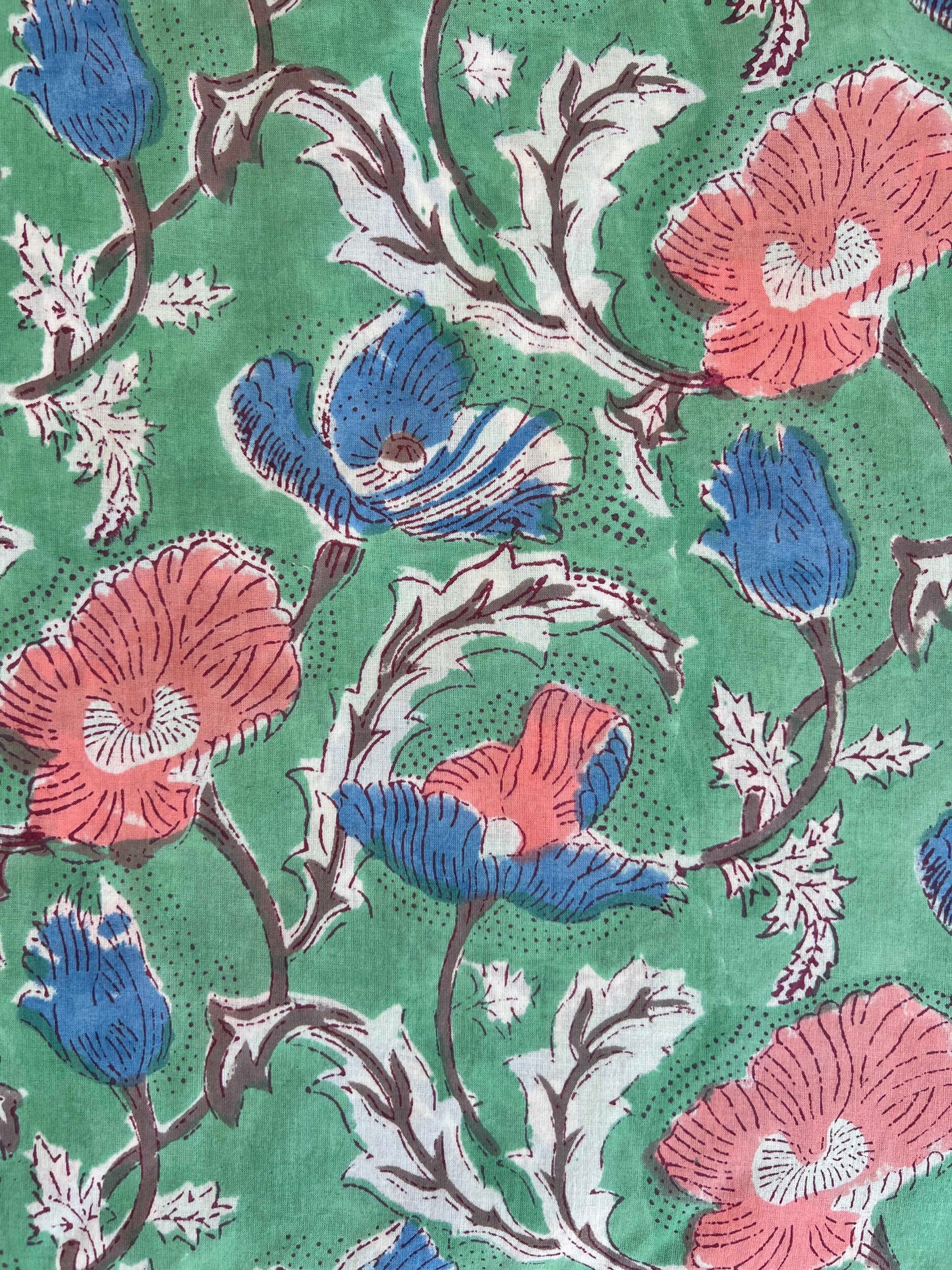 cotton fabric | green, natural, sky blue & apricot stems