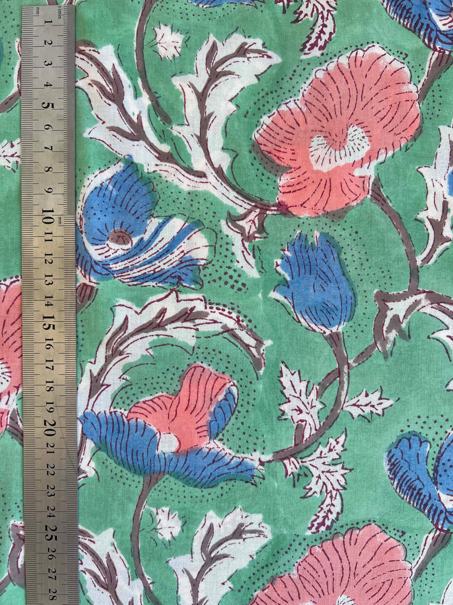 cotton fabric | green, natural, sky blue & apricot stems