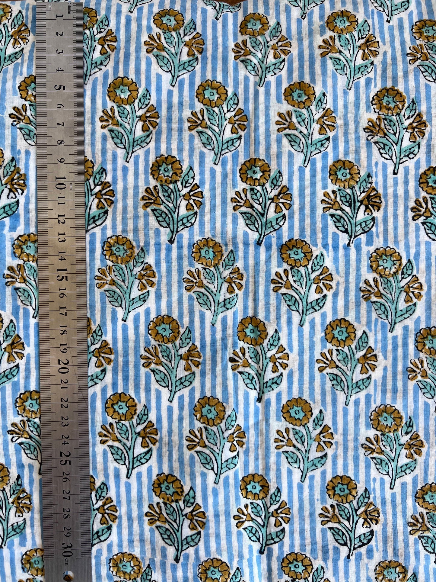 cotton fabric | baby blue stripes yellow & aqua flowers