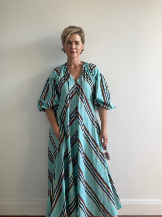 cotton fabric | Rottnest Stripes Aqua, Brown, Blue & Natural