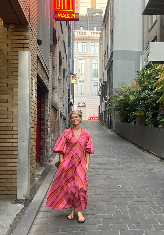 cotton fabric | Rottnest Stripes Hot Pink, Raspberry, Orange & Clay