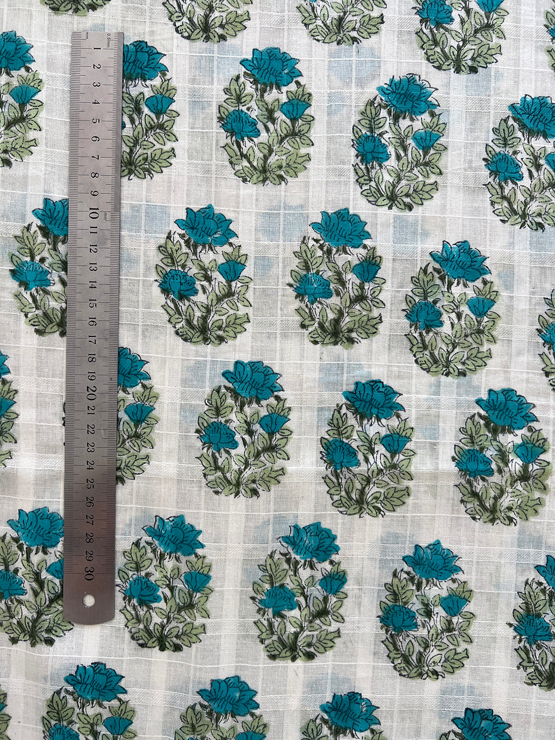 self check cotton fabric | aqua blue floral oval