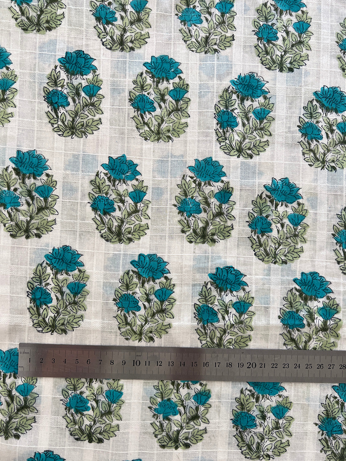 self check cotton fabric | aqua blue floral oval