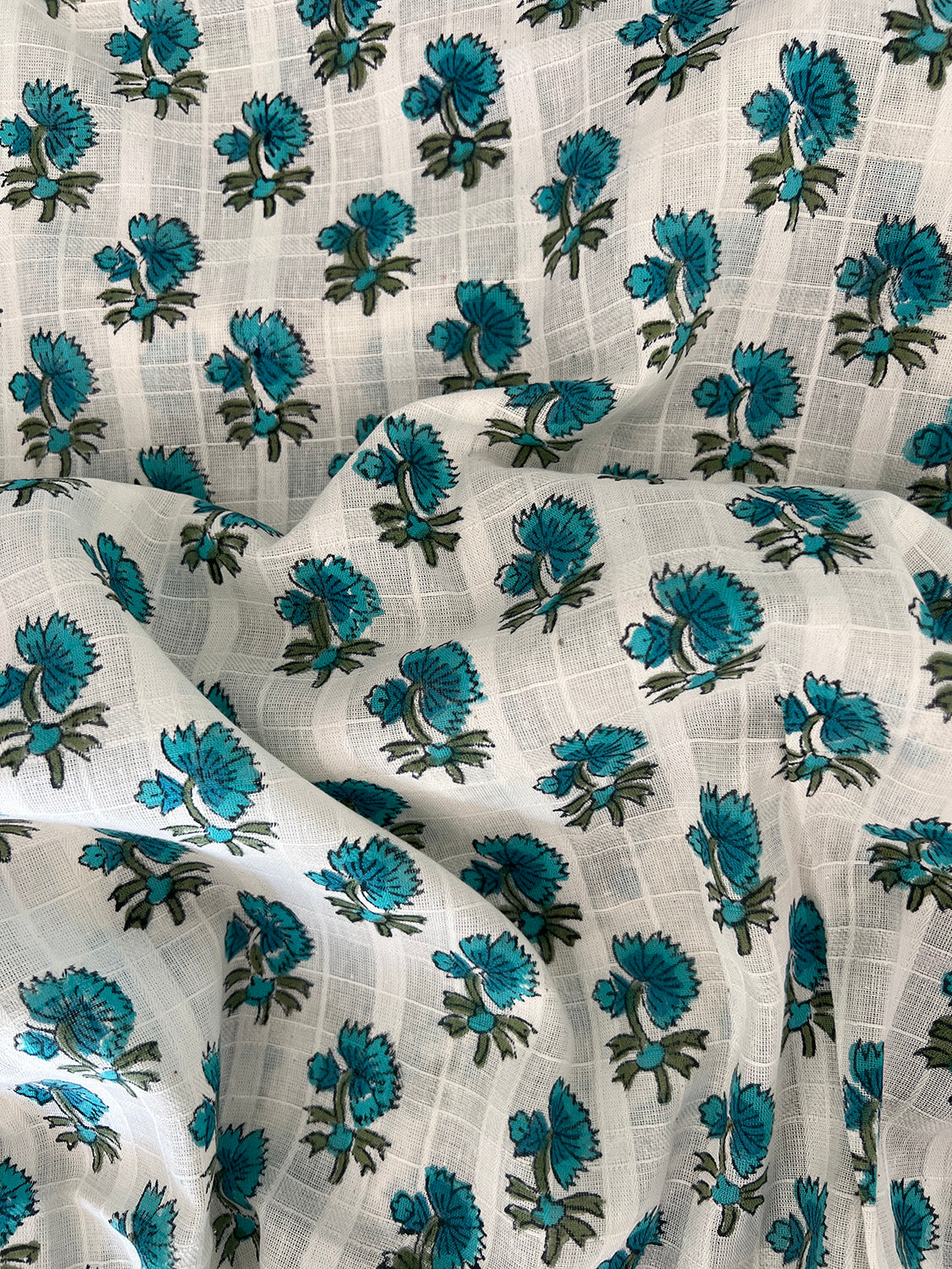 self check cotton fabric | aqua blue buds