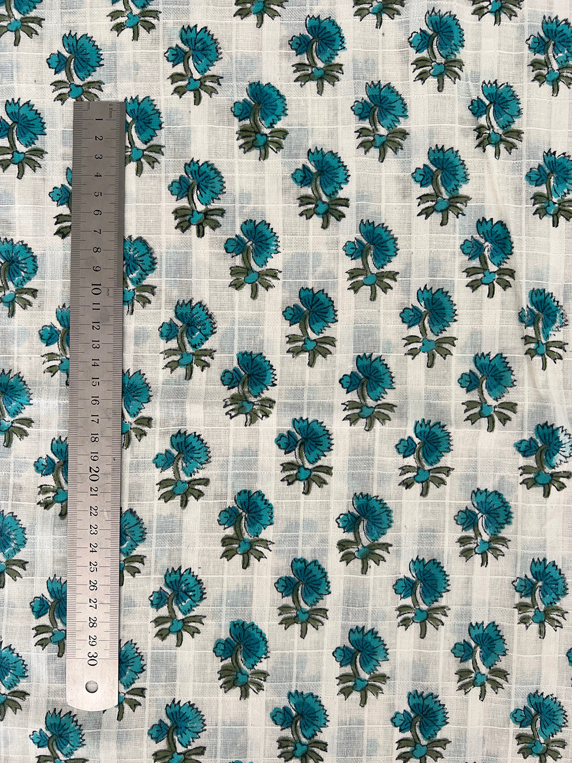 self check cotton fabric | aqua blue buds