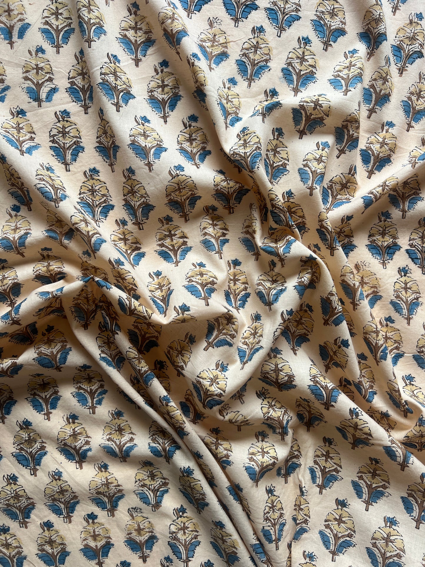 cotton fabric | warm buttery yellow with blue and brown floral buds