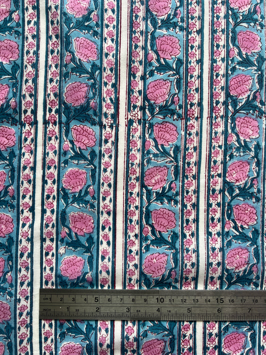 cotton fabric | blue pink florals stripes