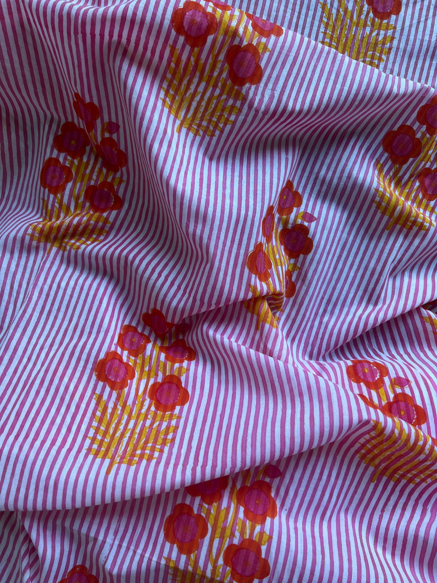 cotton fabric | pink fine stripe pretty pink, orange & yellow floral bunch