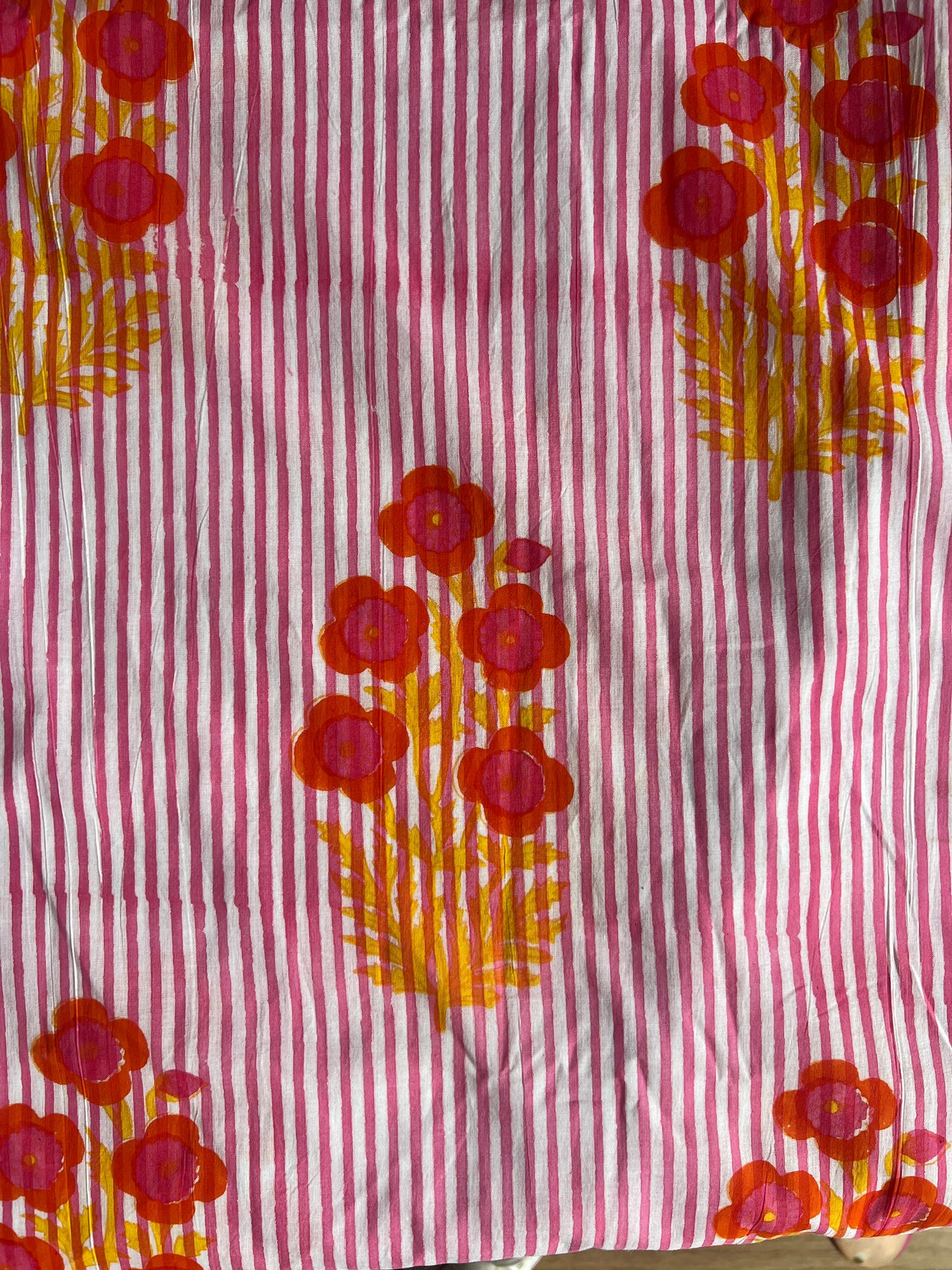 cotton fabric | pink fine stripe pretty pink, orange & yellow floral bunch