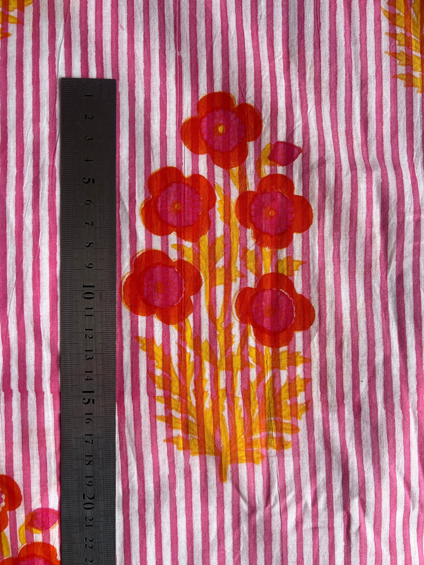 cotton fabric | pink fine stripe pretty pink, orange & yellow floral bunch