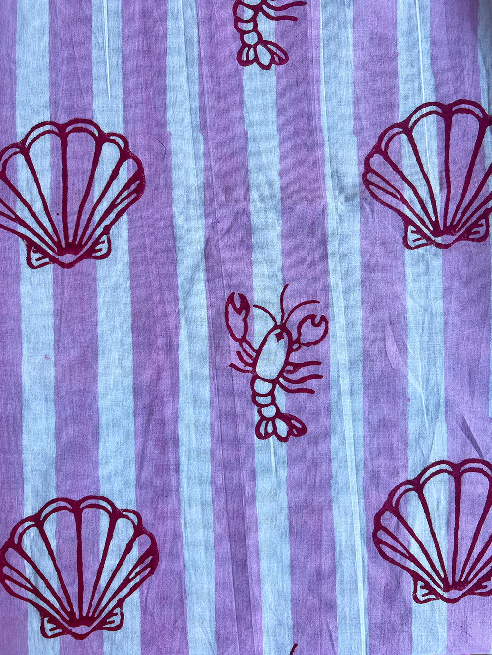 cotton fabric | musk pink and white stripe with mini lobster and shell