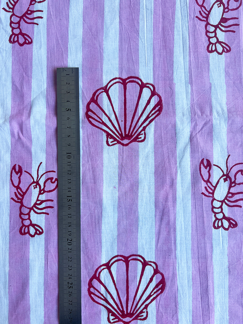 cotton fabric | musk pink and white stripe with mini lobster and shell