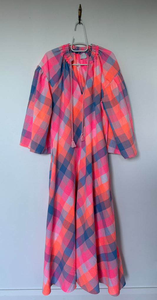 Pink, Orange & Blue Check Cotton Seersucker
