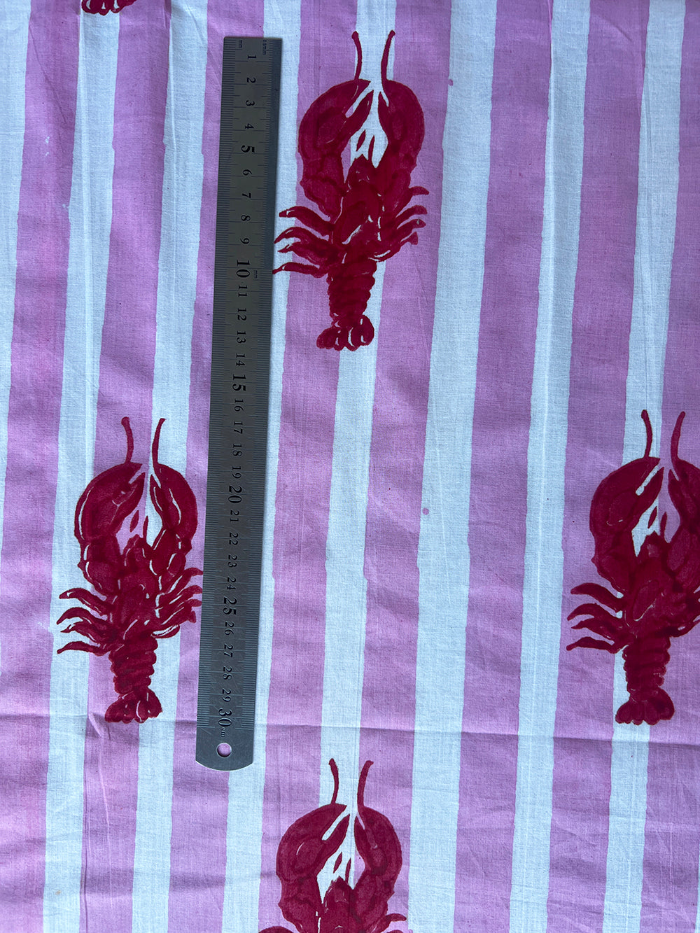 cotton fabric | musk pink and white stripe with red lobster