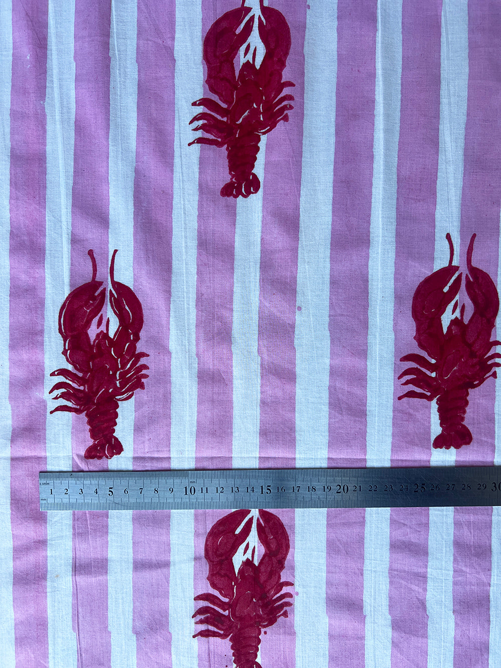 cotton fabric | musk pink and white stripe with red lobster