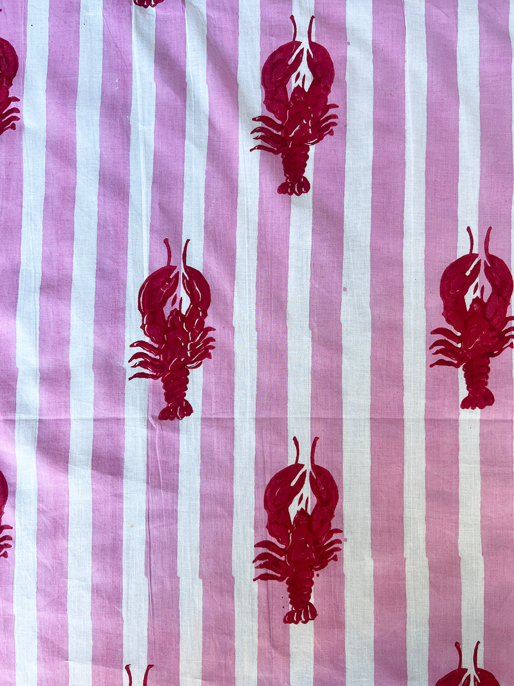cotton fabric | musk pink and white stripe with red lobster