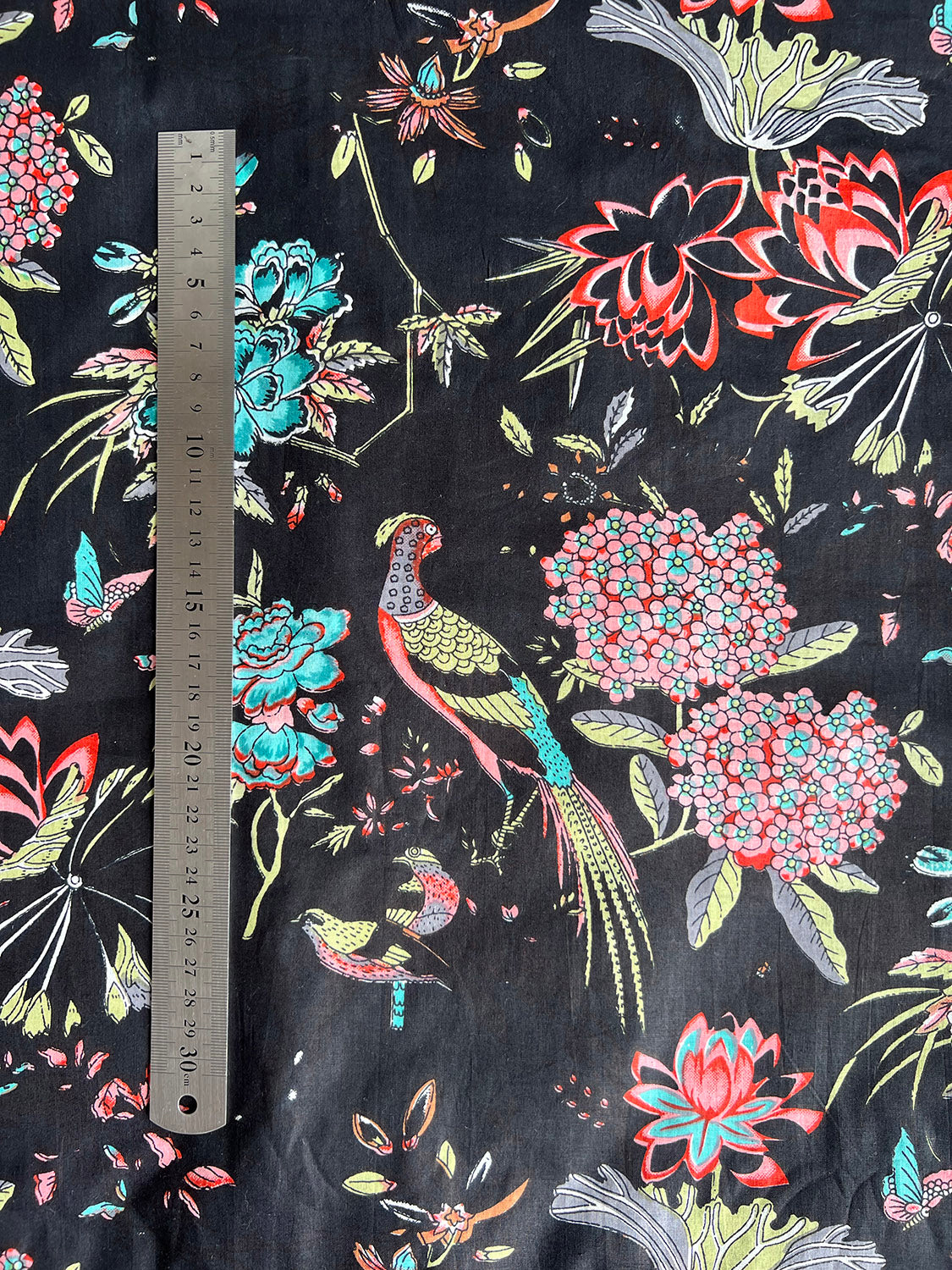 cotton fabric | black large scale print peacock