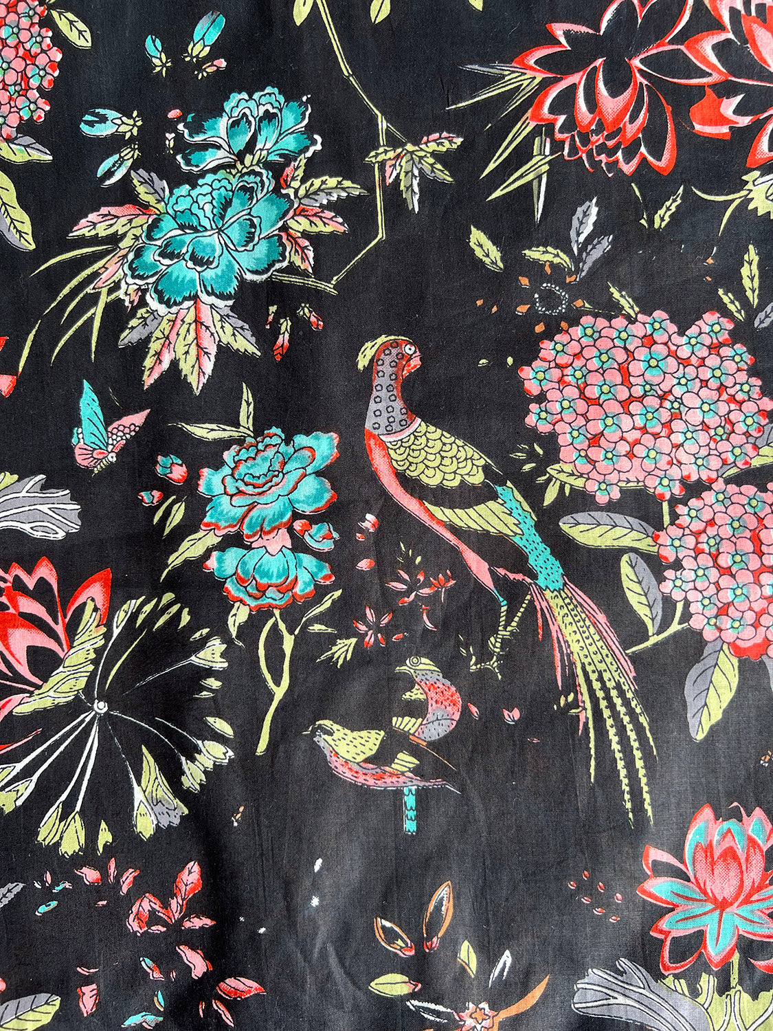 cotton fabric | black large scale print peacock