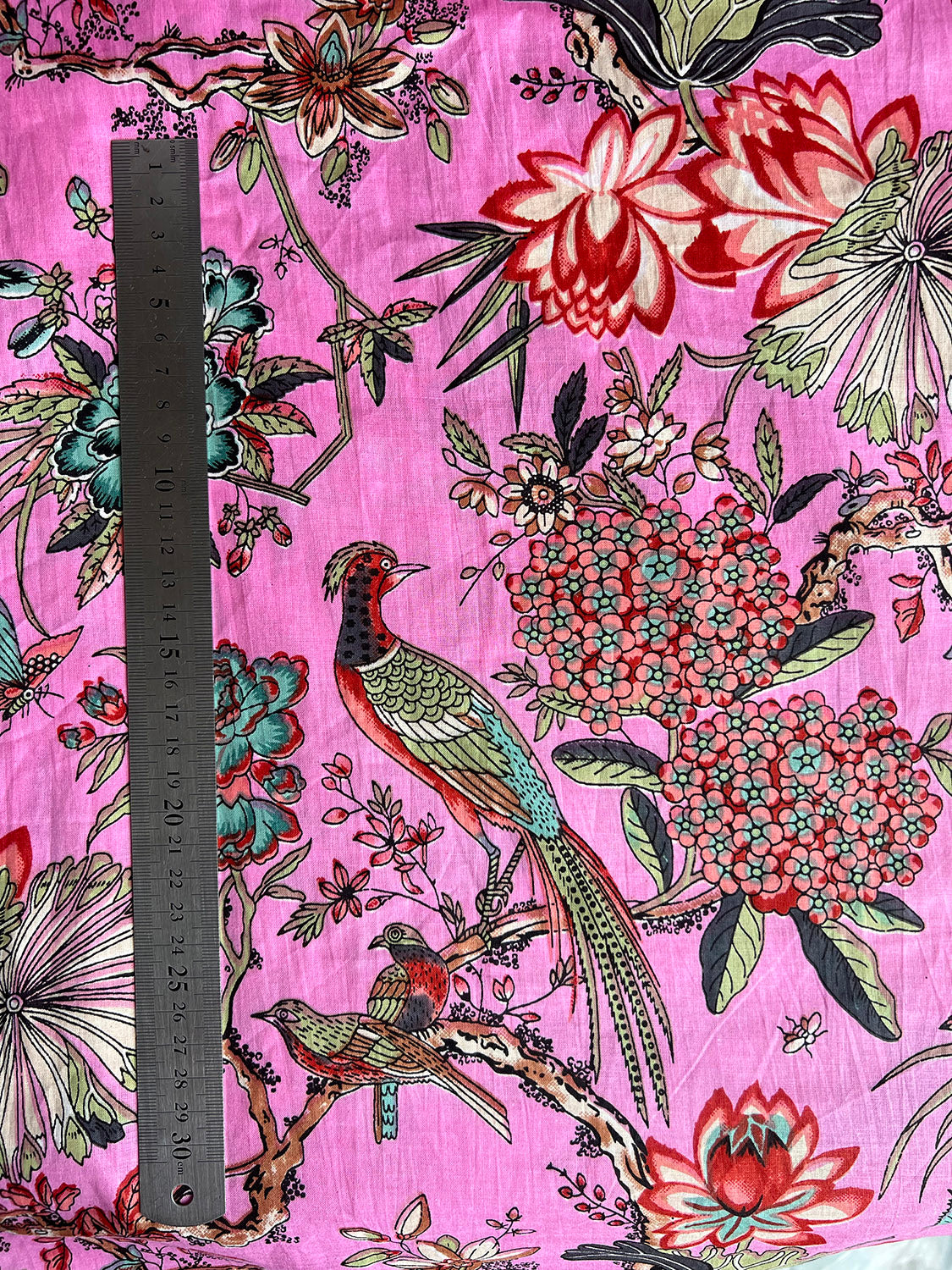 cotton fabric | candy pink large scale print peacock