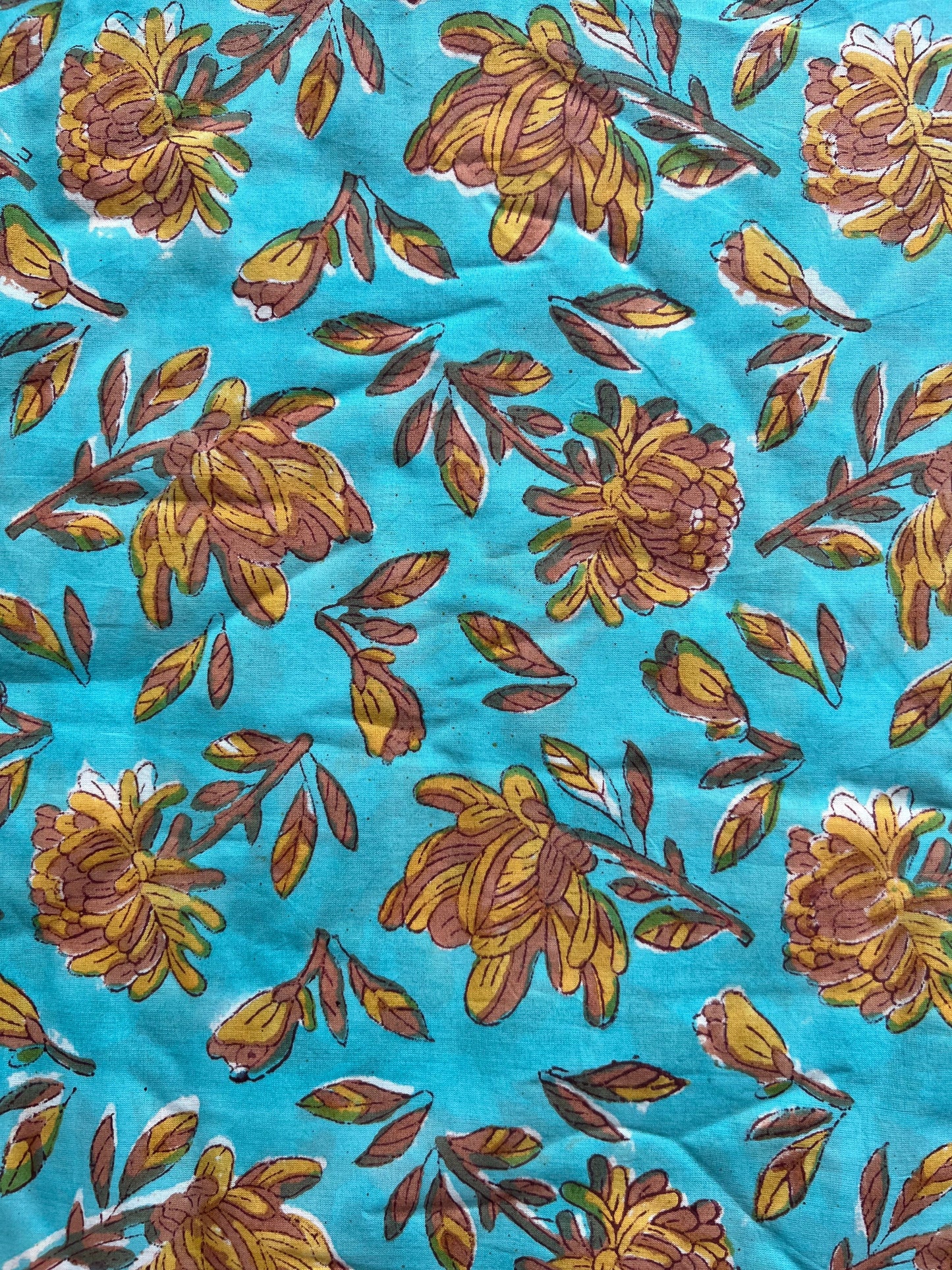 cotton fabric | aqua with tan flowers