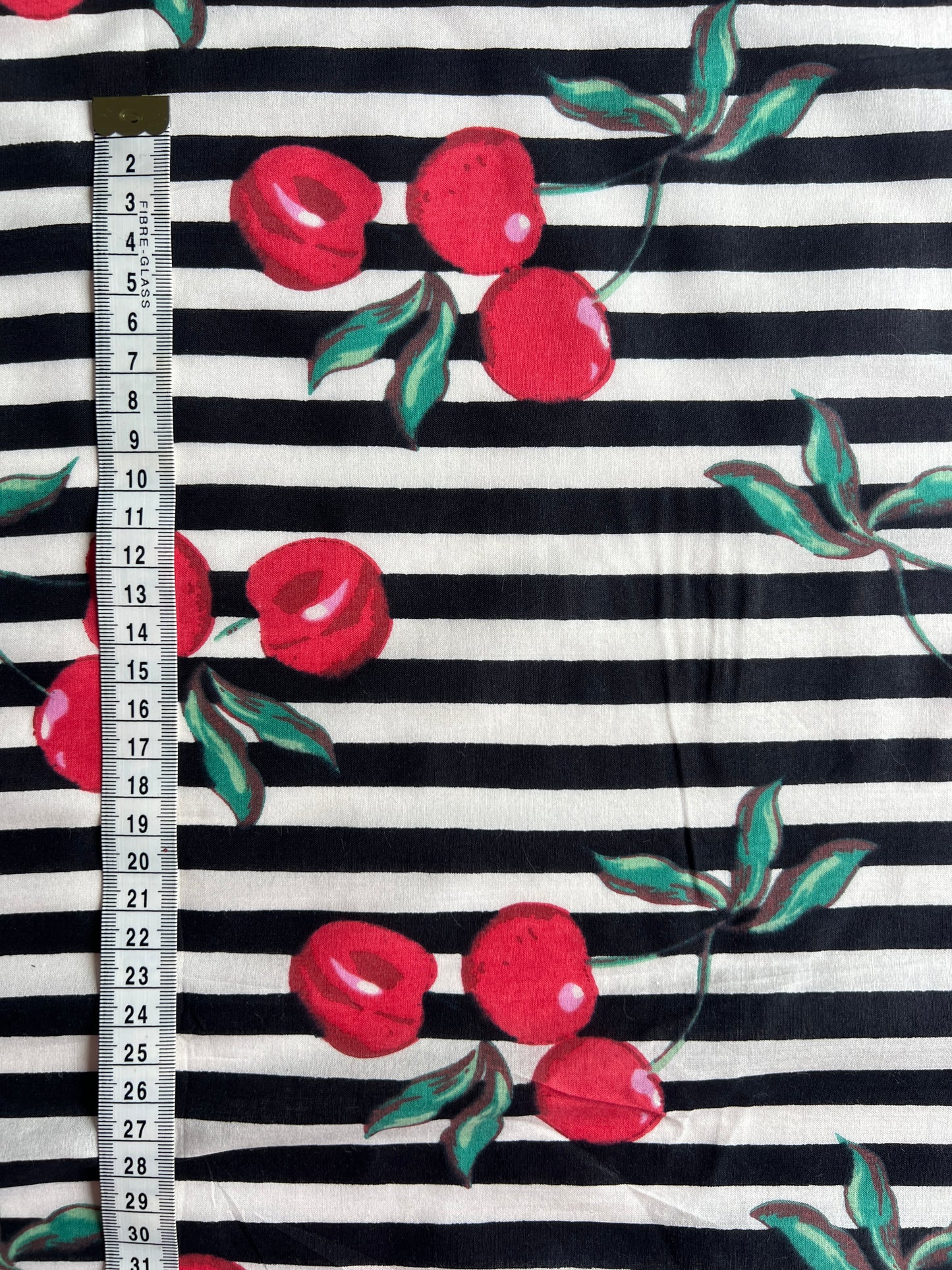 cotton fabric | cherries black & white stripe