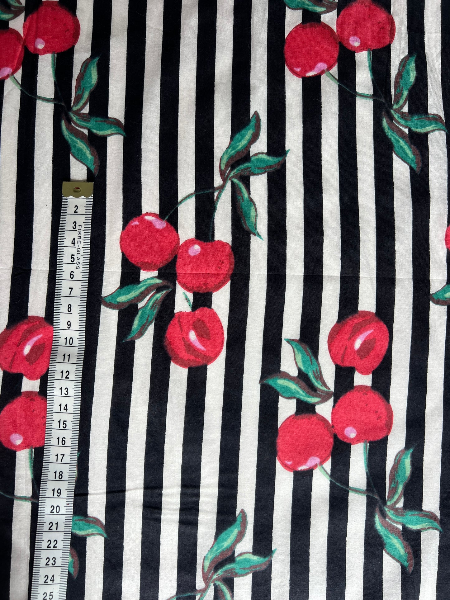 cotton fabric | cherries black & white stripe