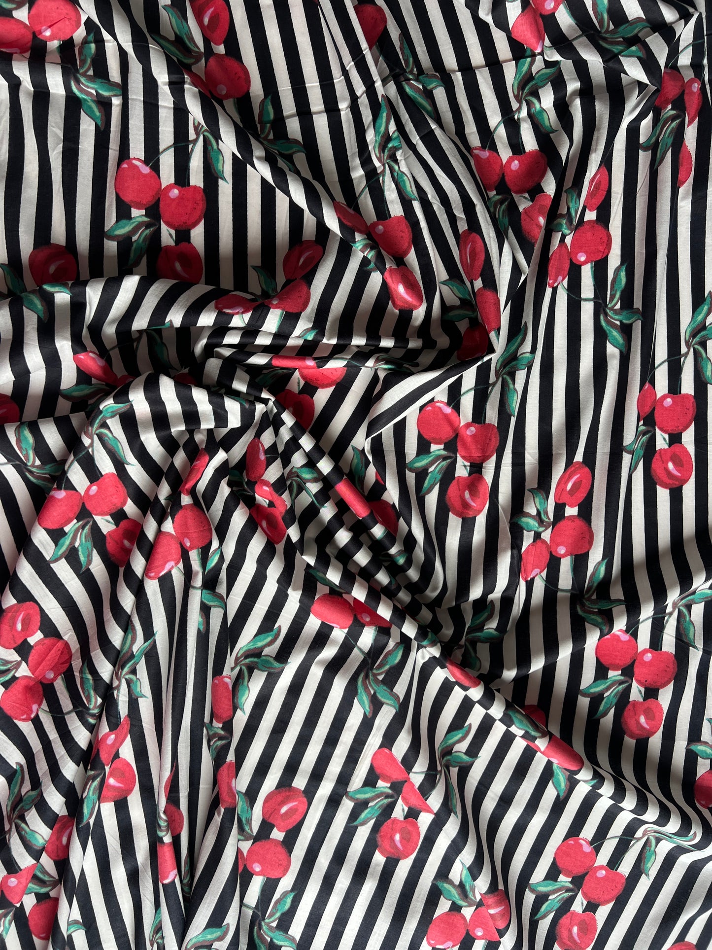 cotton fabric | cherries black & white stripe