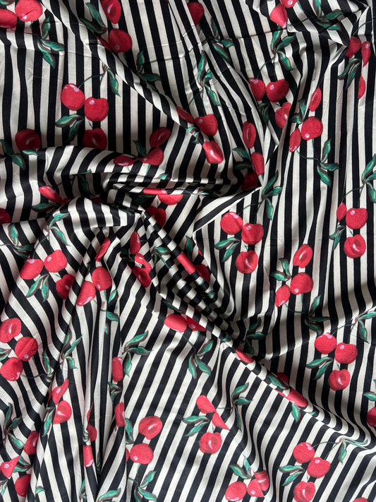 cotton fabric | cherries black & white stripe
