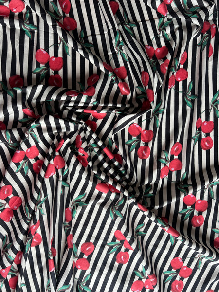 cotton fabric | cherries black & white stripe