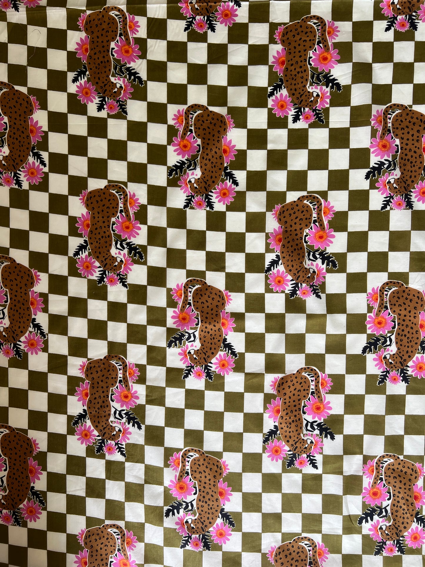 cotton fabric | khaki check with leopard and pink flowers