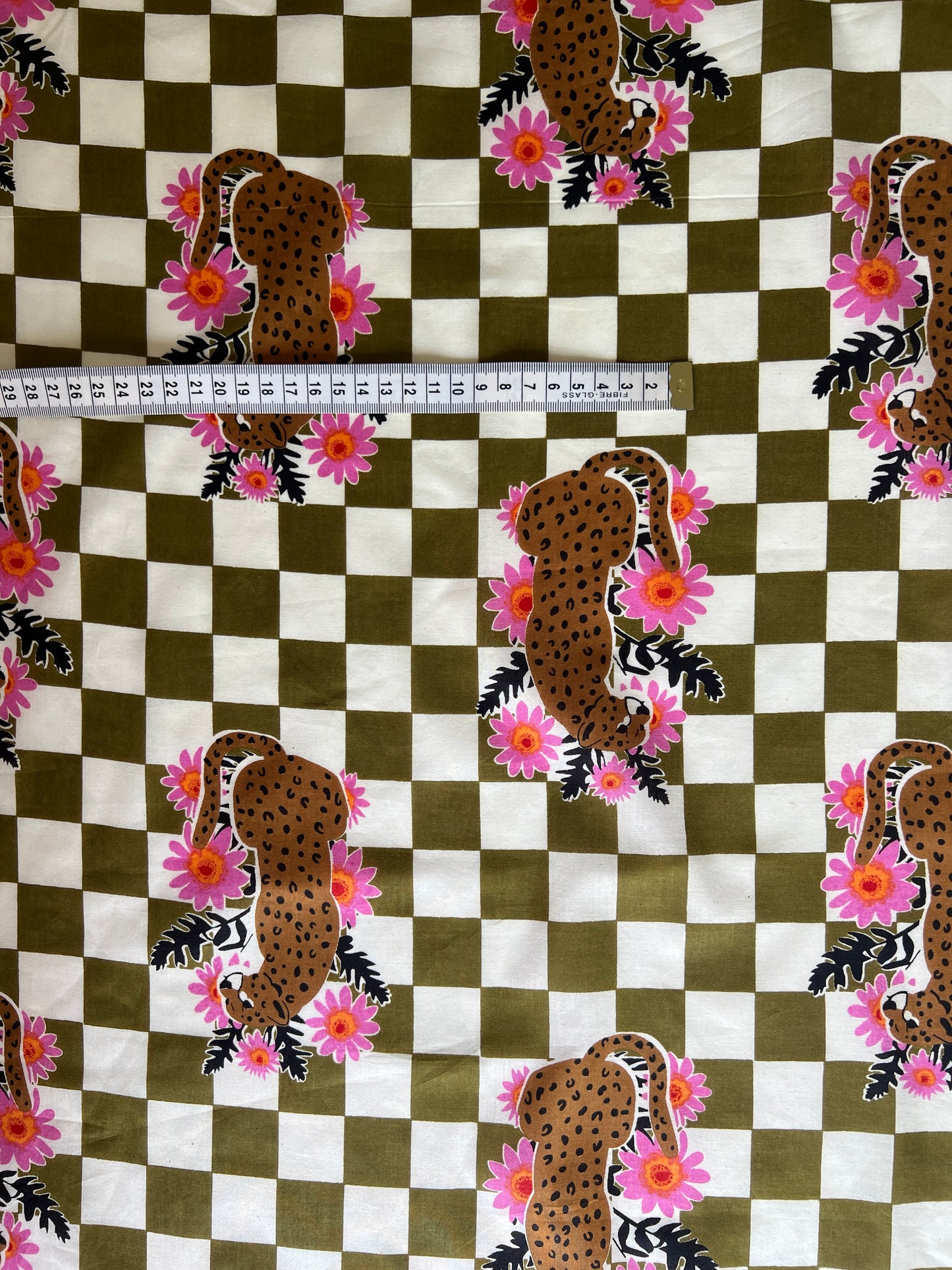 cotton fabric | khaki check with leopard and pink flowers
