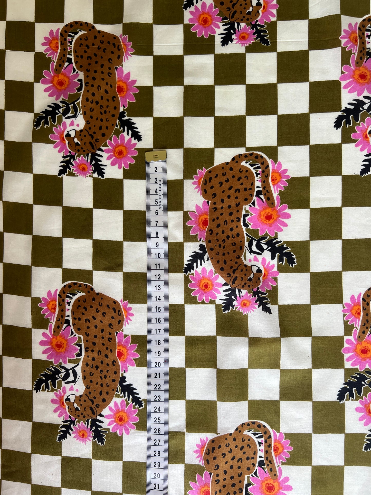 cotton fabric | khaki check with leopard and pink flowers