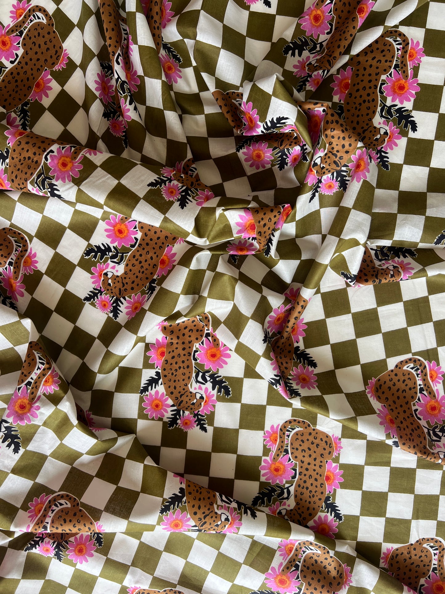 cotton fabric | khaki check with leopard and pink flowers