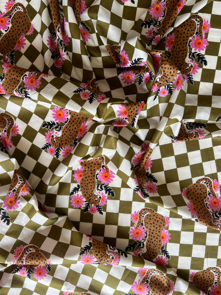 cotton fabric | khaki check with leopard and pink flowers