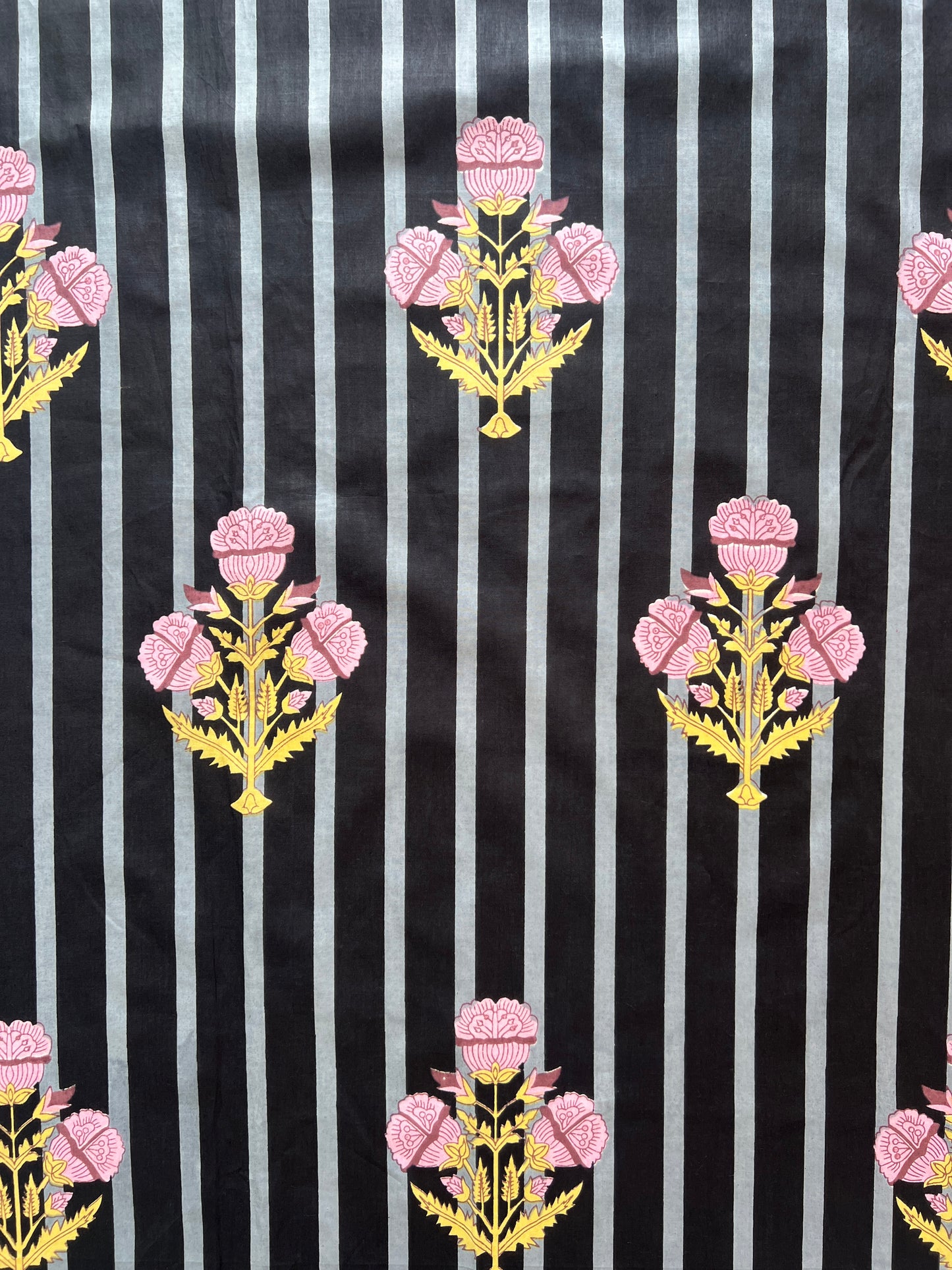 cotton fabric | black, grey stripe with pink & yellow bouquet
