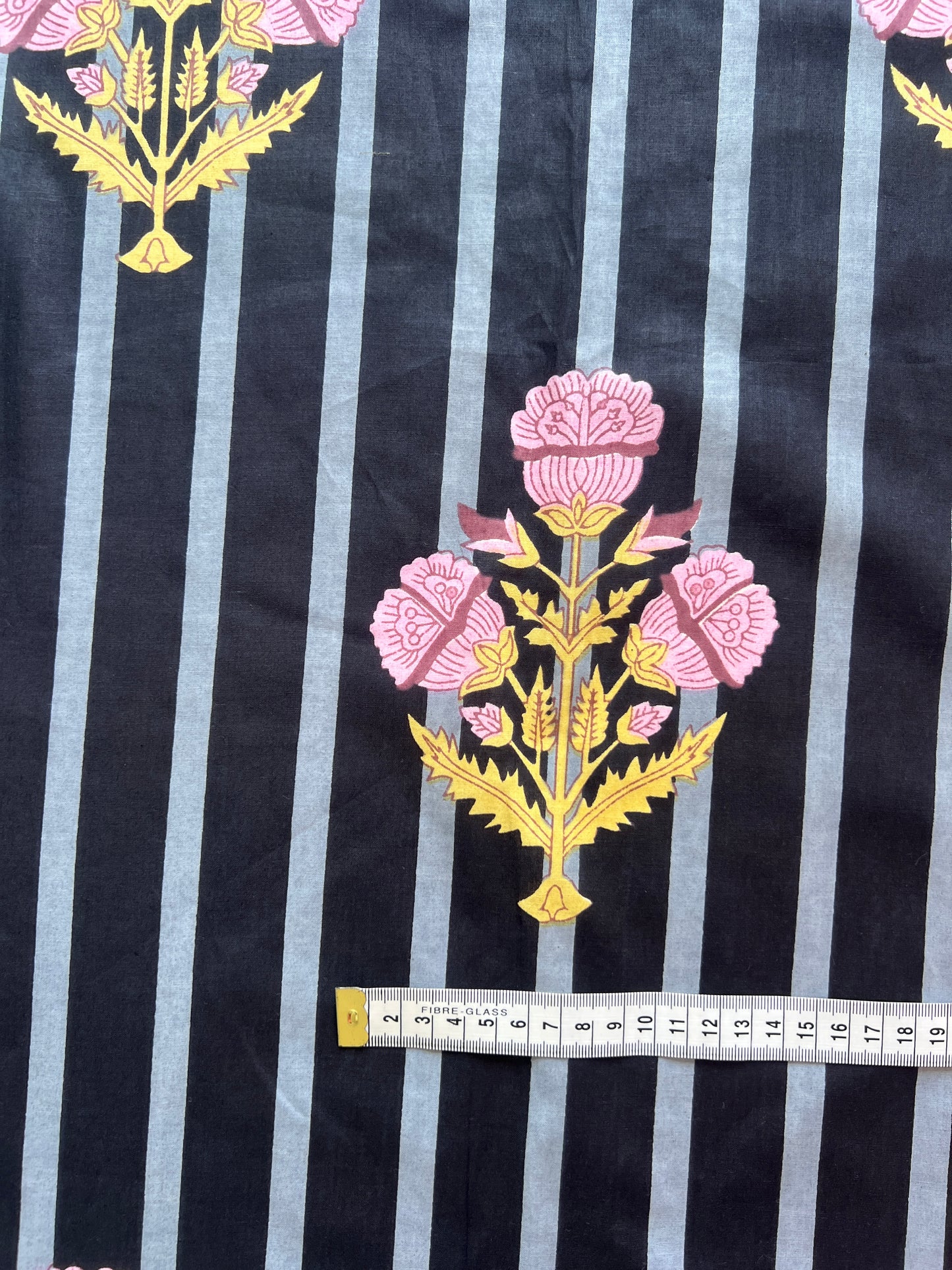 cotton fabric | black, grey stripe with pink & yellow bouquet