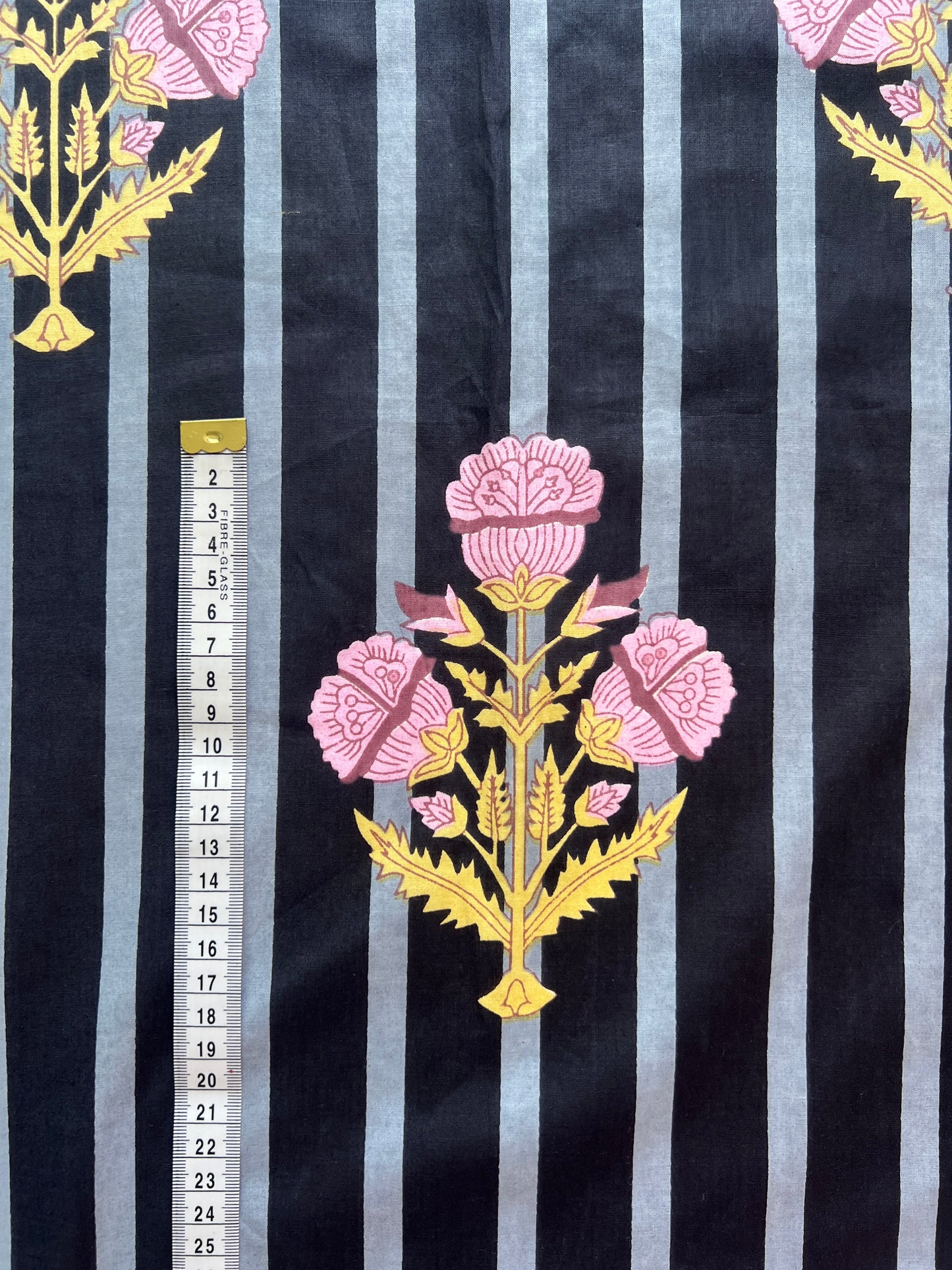 cotton fabric | black, grey stripe with pink & yellow bouquet