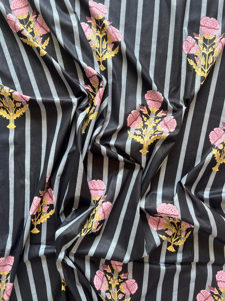 cotton fabric | black, grey stripe with pink & yellow bouquet