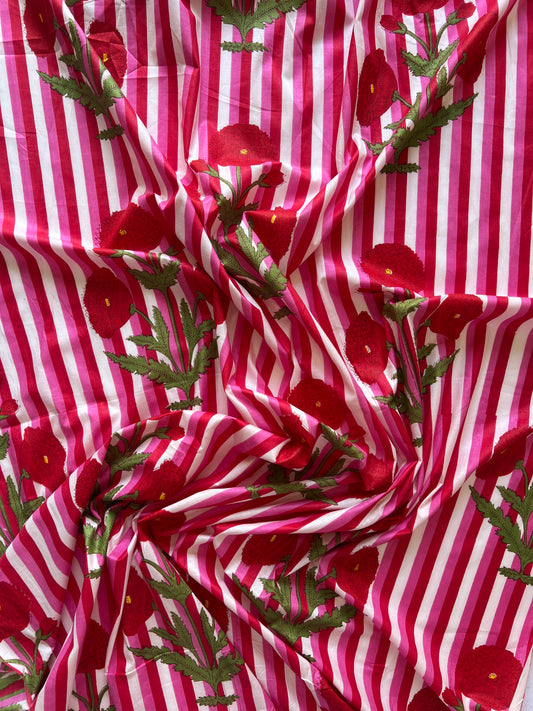 cotton fabric | red, pink & white stripe with large floral