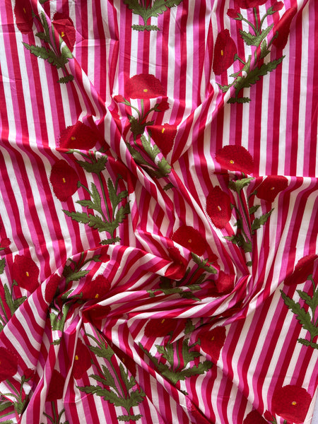 cotton fabric | red, pink & white stripe with large floral