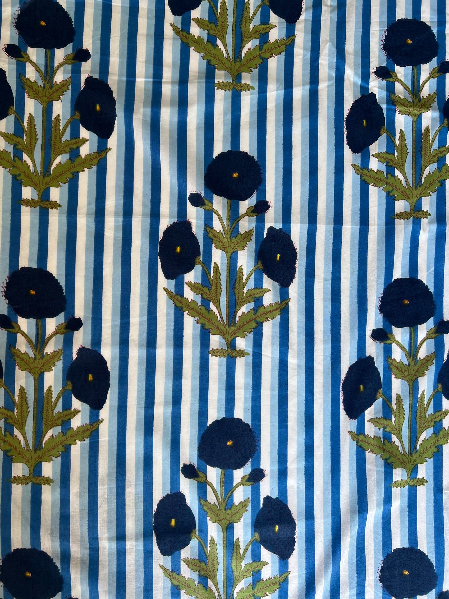 cotton fabric |blue & white stripe with large navy floral