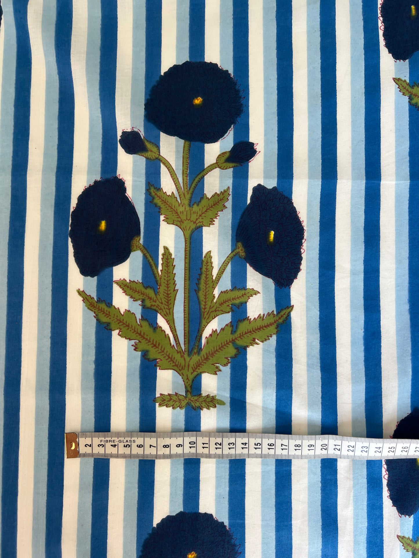 cotton fabric |blue & white stripe with large navy floral
