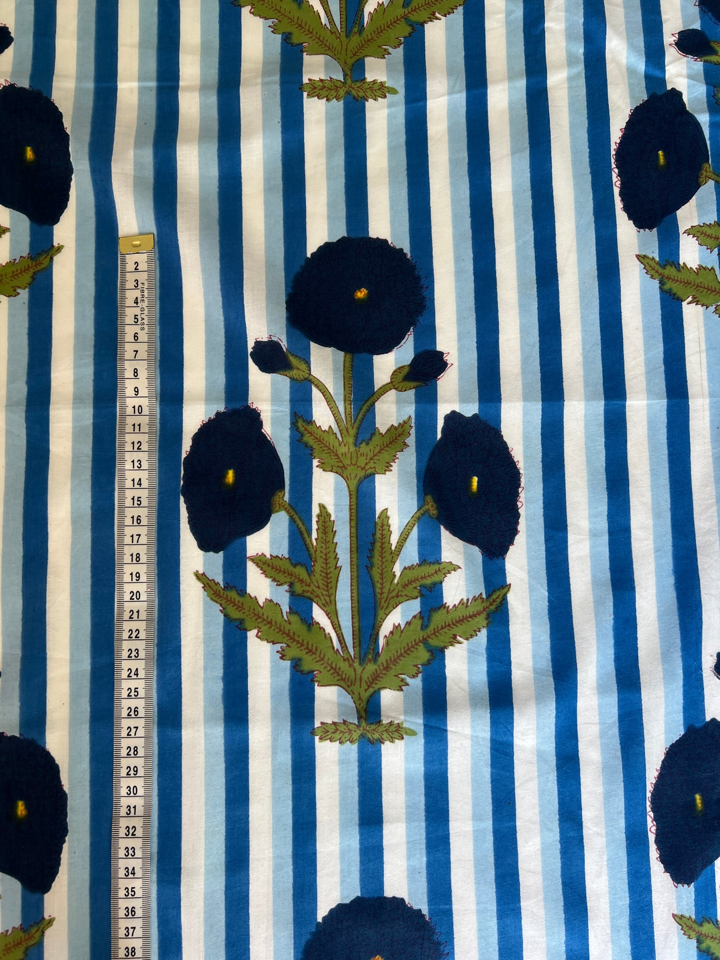 cotton fabric |blue & white stripe with large navy floral