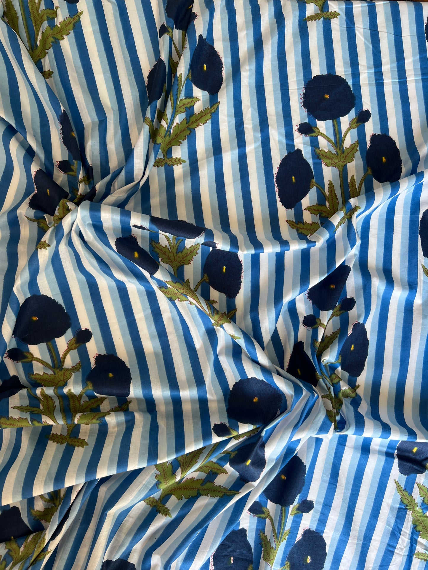 cotton fabric |blue & white stripe with large navy floral