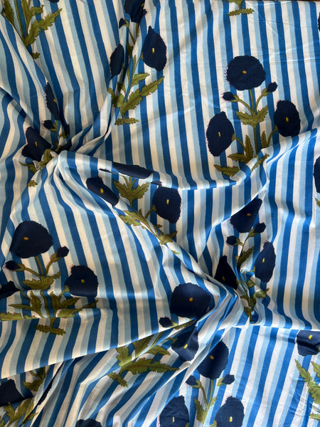 cotton fabric |blue & white stripe with large navy floral