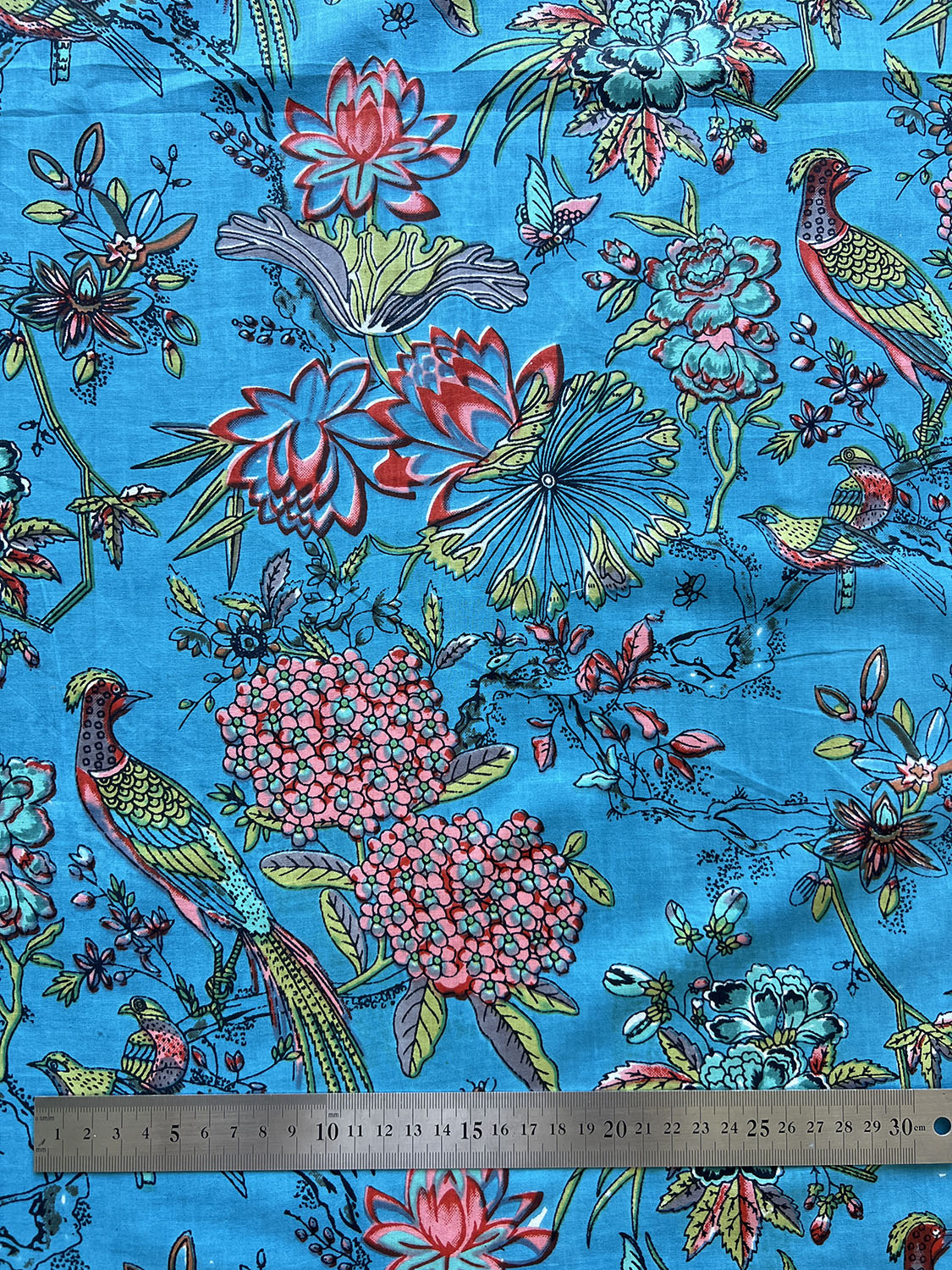 lightweight cotton ocean teal blue large scale print peacock