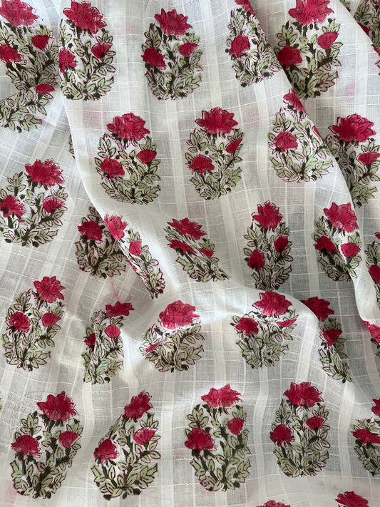 self check cotton fabric | raspberry floral oval