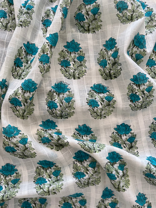 self check cotton fabric | aqua blue floral oval