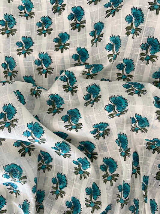 self check cotton fabric | aqua blue buds